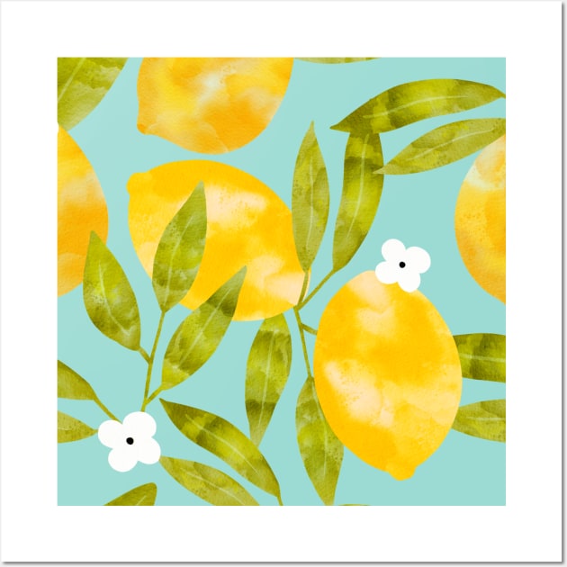 Watercolor Lemons with White Flower Wall Art by MutchiDesign